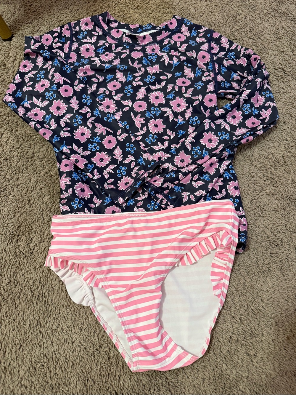 Girls Long-Sleeve Floral Rash Guard Swim Set - Pink & Navy